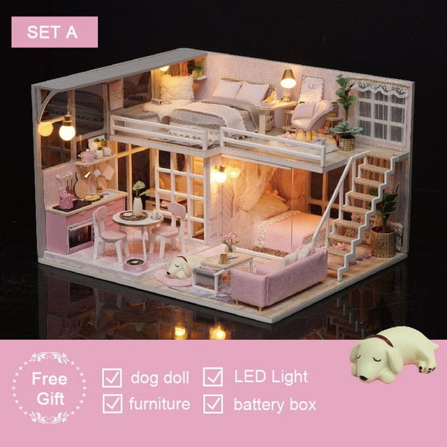 Cutebee DIY House Miniature Kit Wooden Miniature Doll Houses With Furniture  LED Lights for Children Birthday Gift