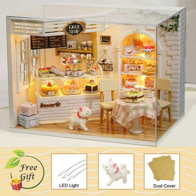Doll House Furniture Diy Miniature Dust Cover 3D Wooden Miniaturas Dollhouse Toys for Children Birthday Gifts Cake Diary H14