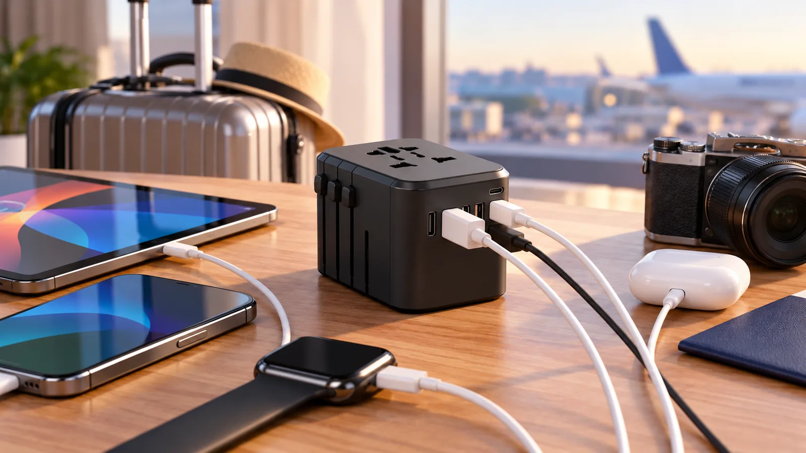 A compact universal travel adapter connects several devices on an airport lounge table.