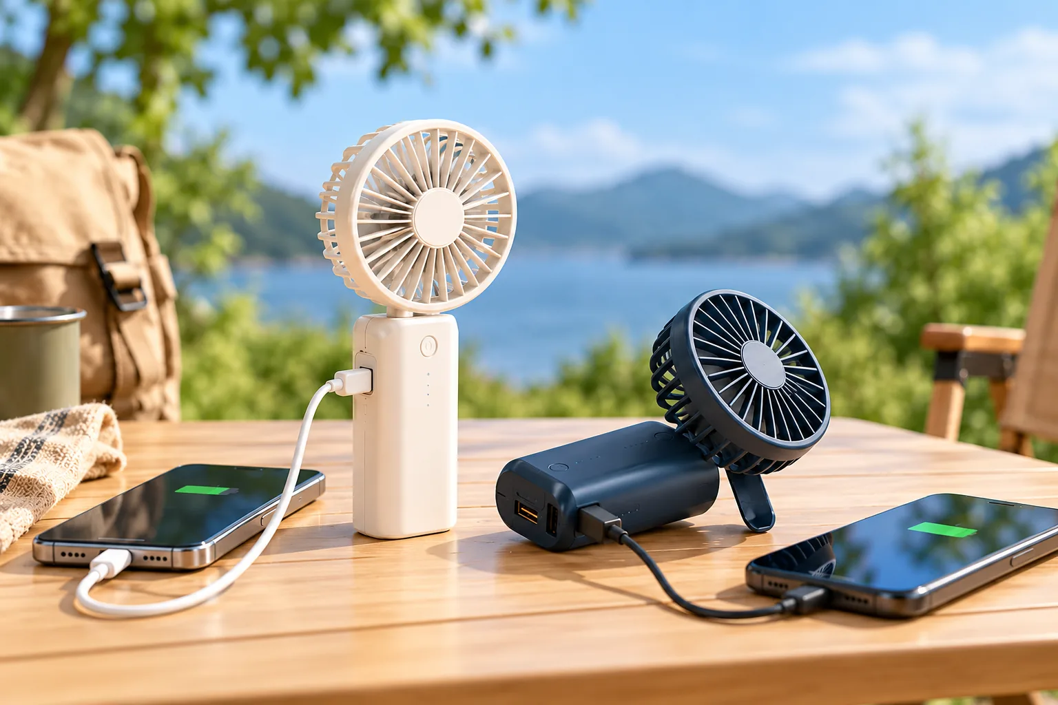 Two compact portable fan and power bank combinations sit beside smartphones and charging cables outdoors.