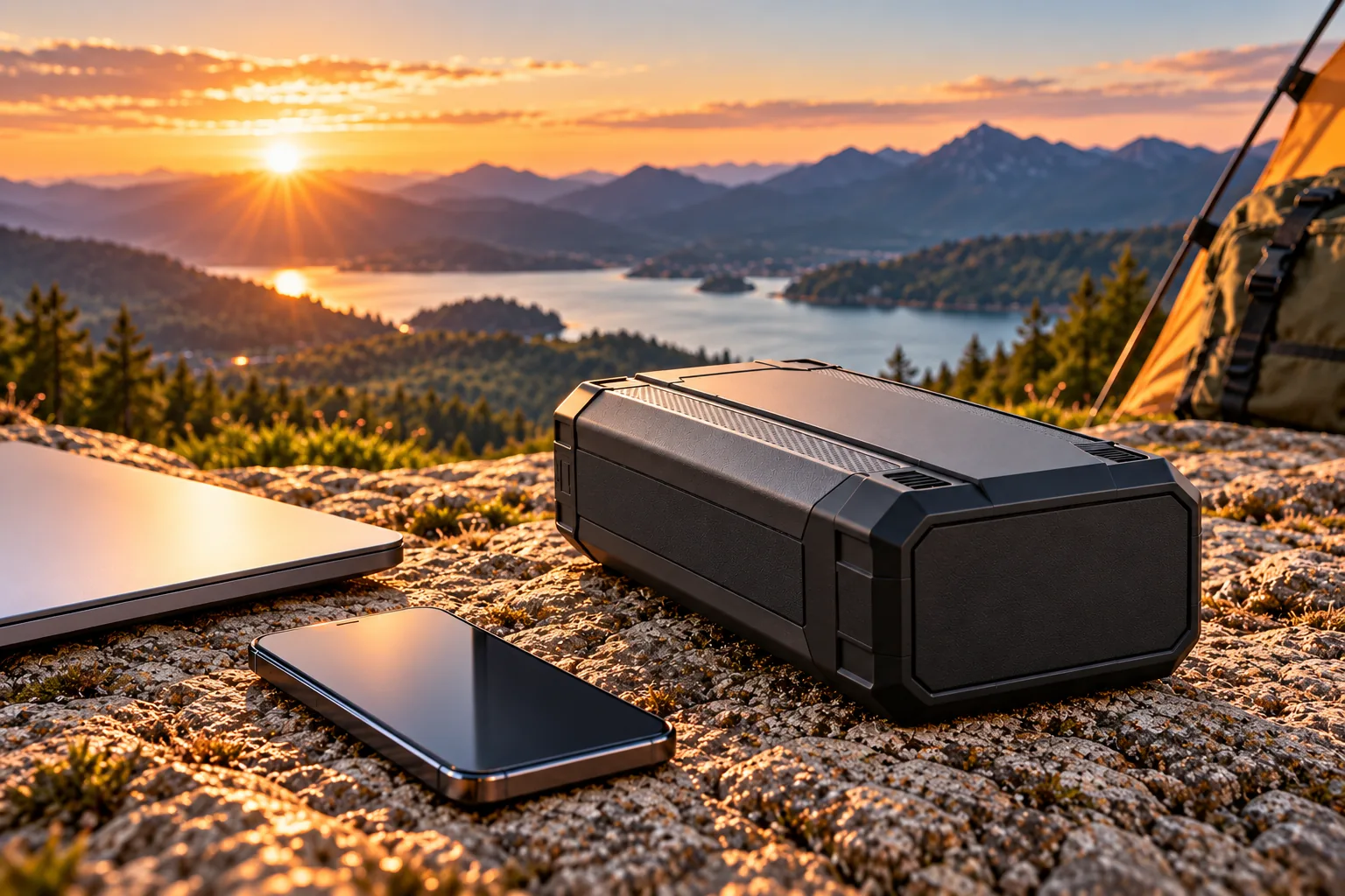 A large portable power bank beside camping gear outdoors.
