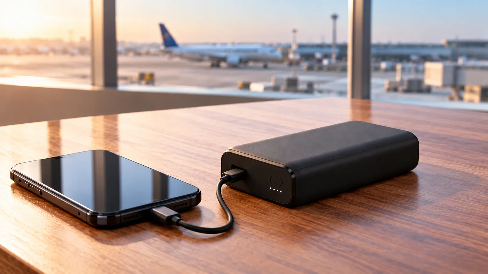 A black power bank is connected by a cable to a smartphone on a table.