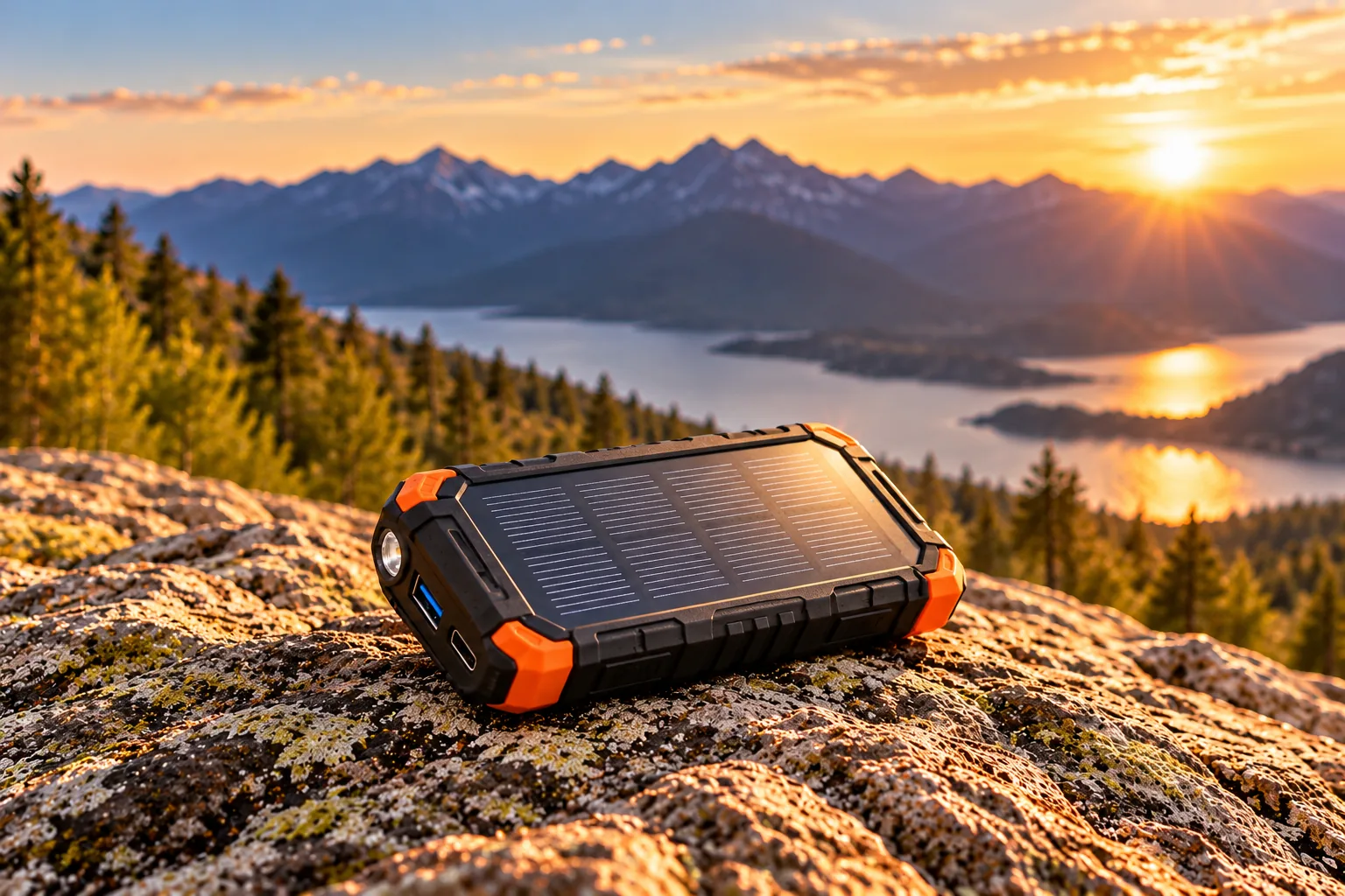 A rugged portable power bank with a built-in solar panel and charging ports sits on a rocky overlook at sunset.