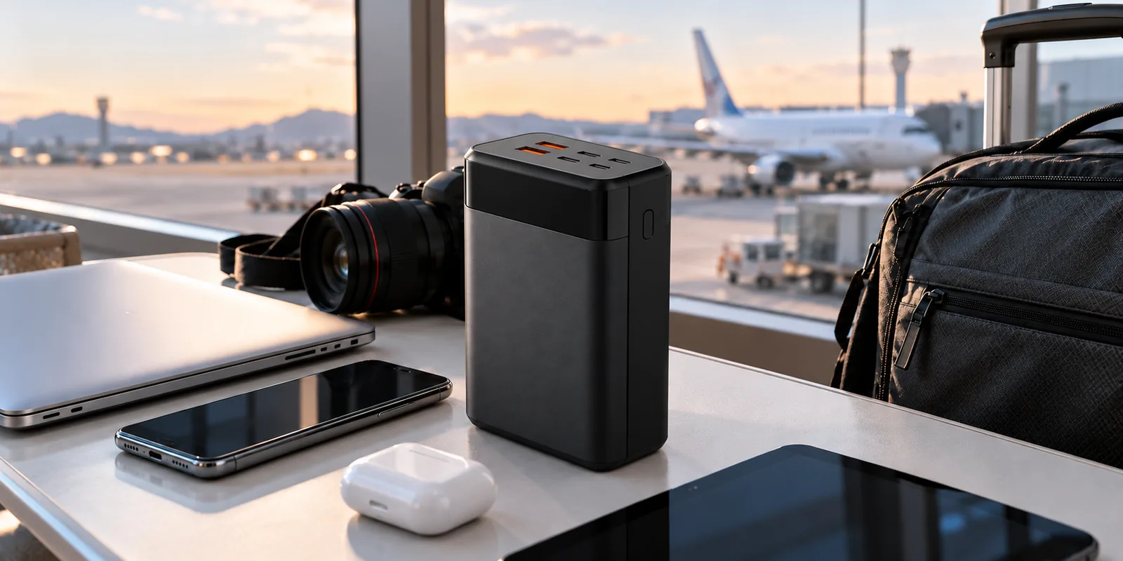 A generic portable charger beside electronics and a travel bag at an airport.