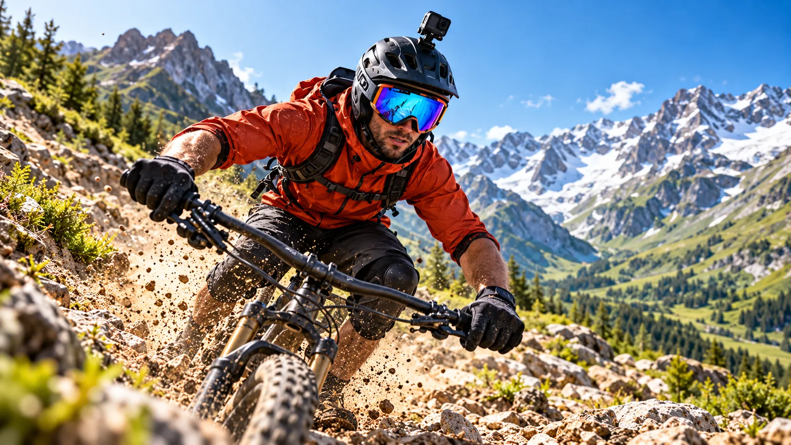 A mountain cyclist wearing a small action camera on a helmet rides along a rocky trail.