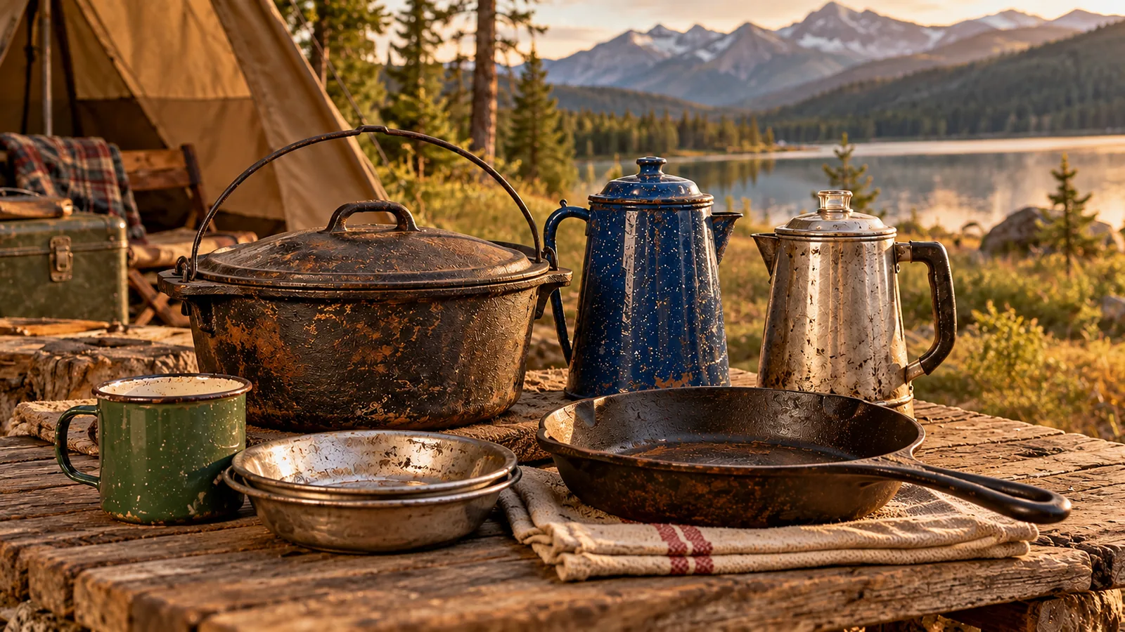 Antique-style camping cookware arranged outdoors.