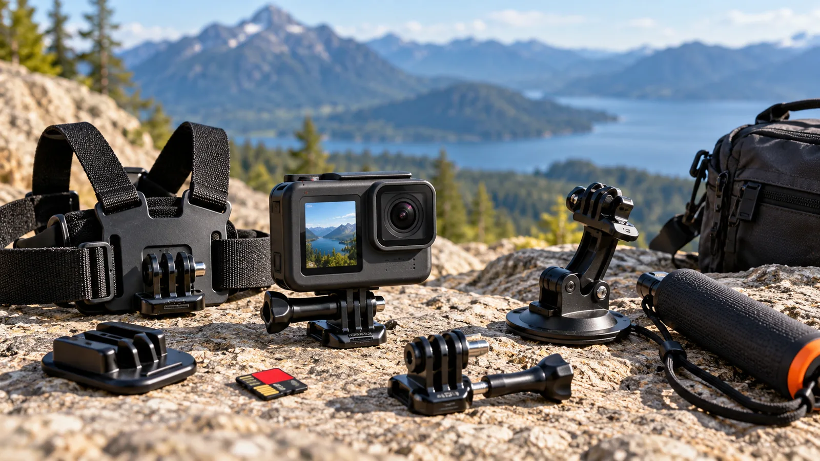 An unbranded action camera, several mounting accessories and a memory card arranged on a rocky overlook.