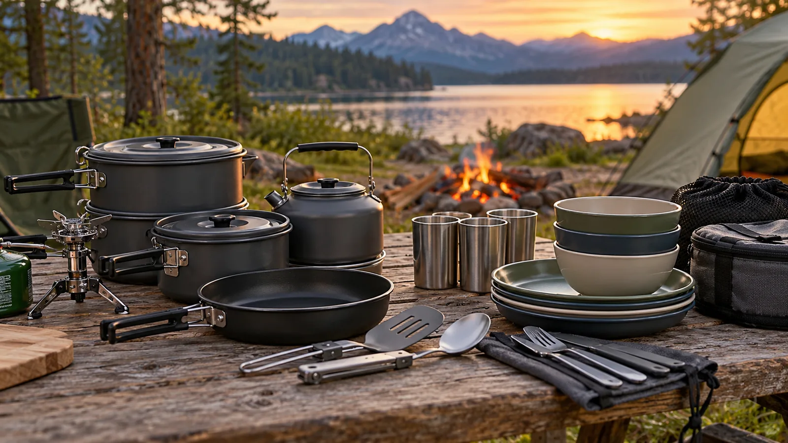 Camping pots, kettle, plates, cups, and utensils arranged on an outdoor picnic table by a lakeside campsite.