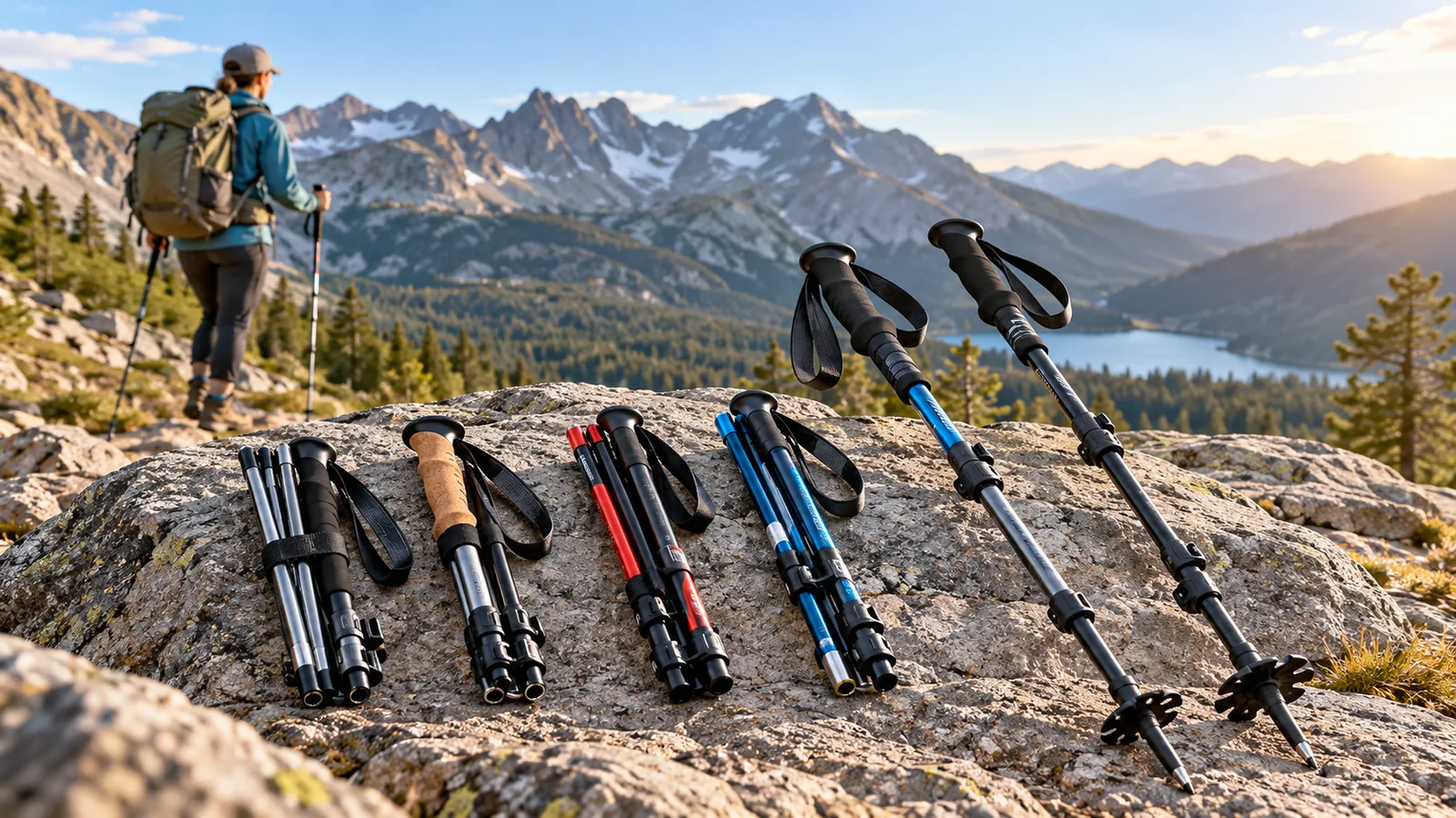 Several collapsible trekking poles are shown folded and extended on a rocky mountain overlook.