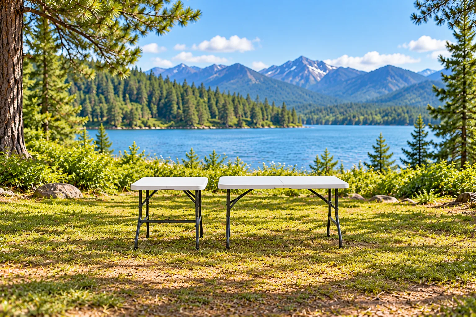 A small folding table and a larger folding table stand side by side at a lakeside campsite.