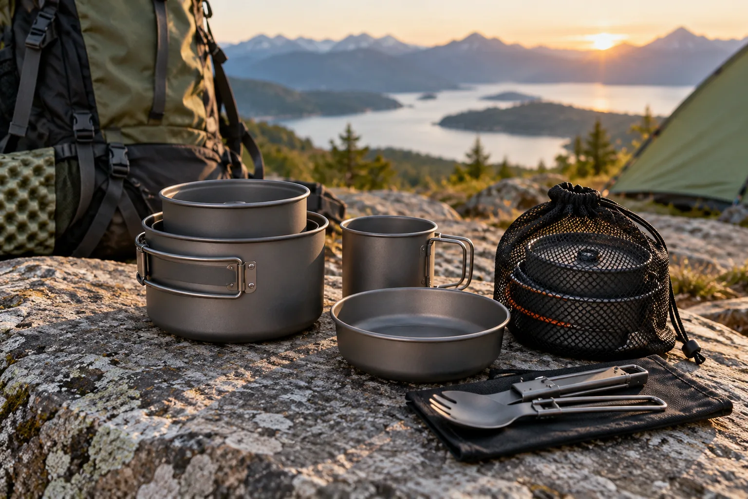 Nested camping pots, a cup, bowl, mesh storage bag and folding utensils on a rocky campsite beside a backpack.