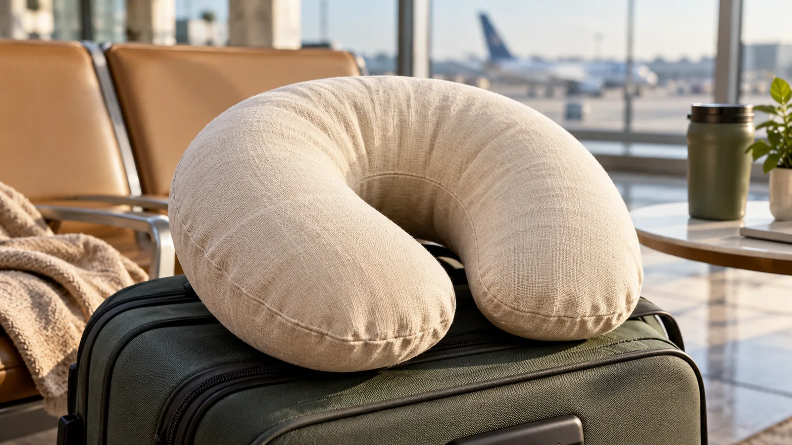 A natural-toned fabric U-shaped travel pillow rests on a carry-on bag in an airport lounge.