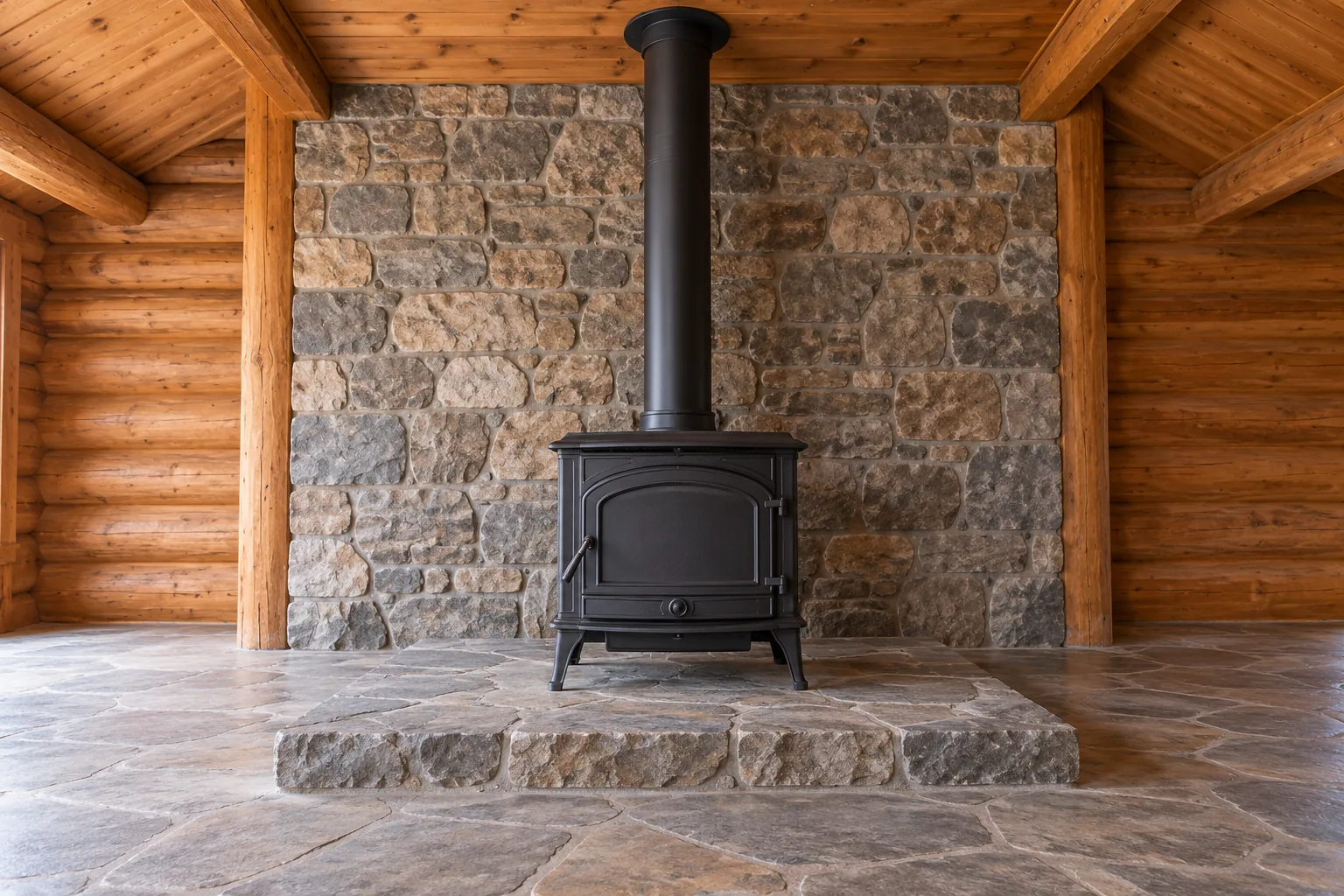 A closed cast-iron wood stove stands on a broad stone hearth with its flue rising to the ceiling in an otherwise empty cabin.