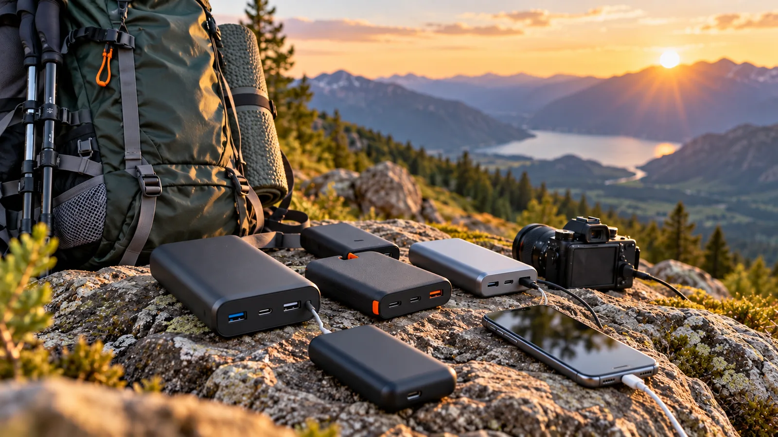 Unbranded portable power banks beside a backpack, camera, and phone on a mountain overlook.