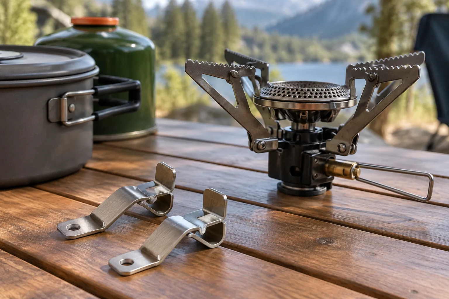 Two generic metal clips lie beside a compact portable camp stove on a campsite table.