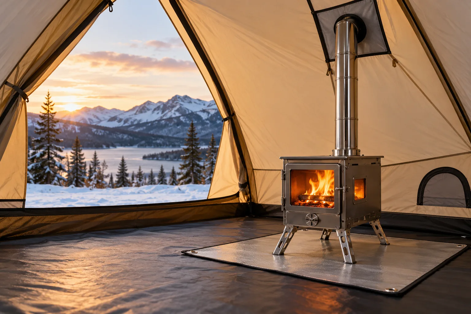 A tent wood stove stands on a protective mat with its stovepipe passing through a reinforced tent opening.