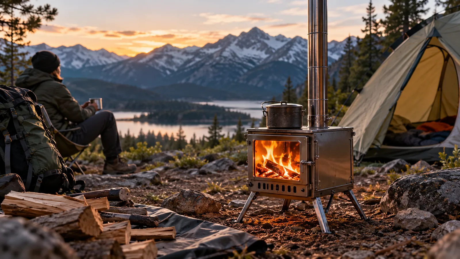 A portable wood-burning camp stove with a tall flue stands outside a tent beside a backpack and firewood.
