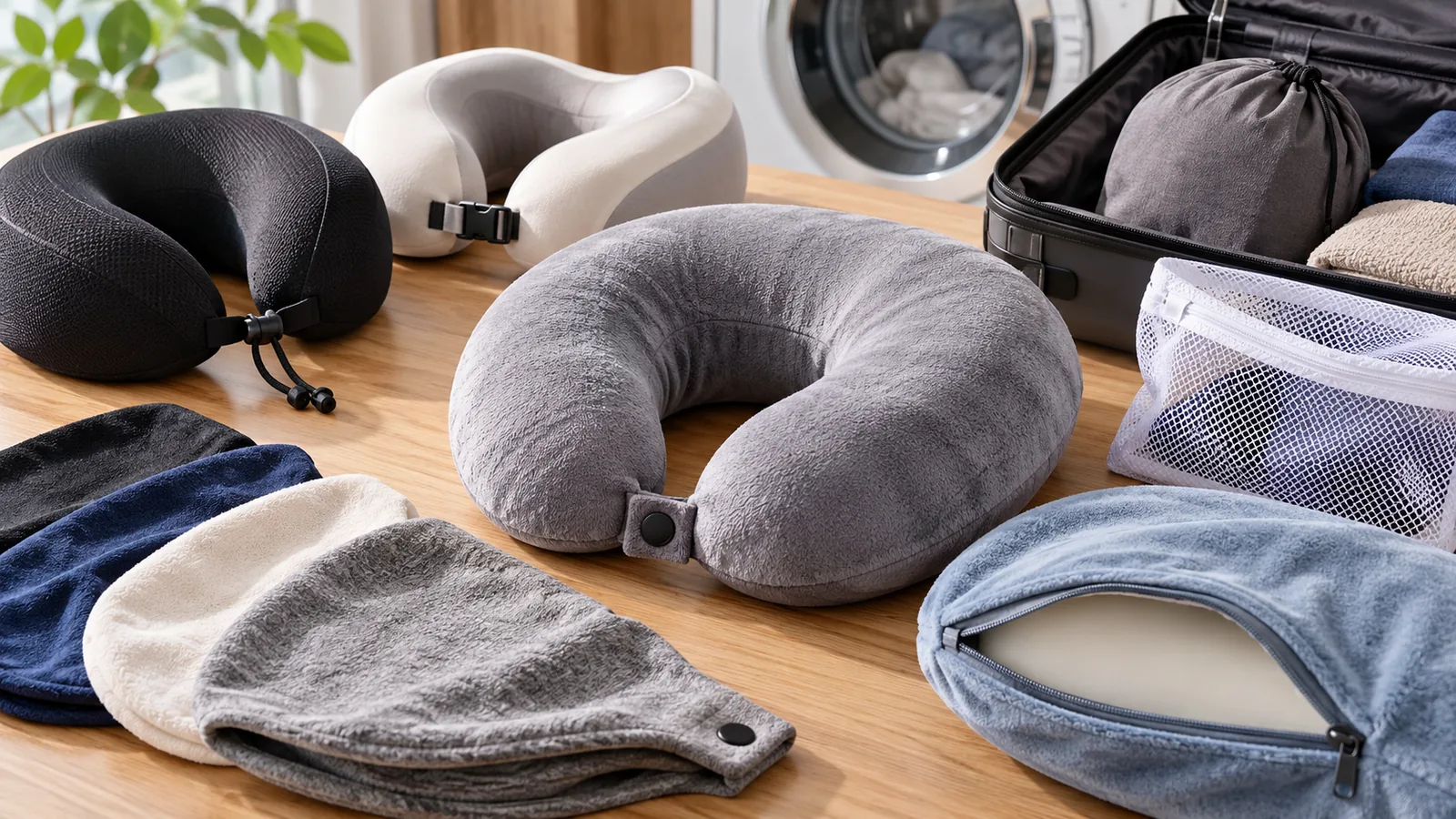 A U-shaped travel pillow and several fabric covers are arranged on a table.