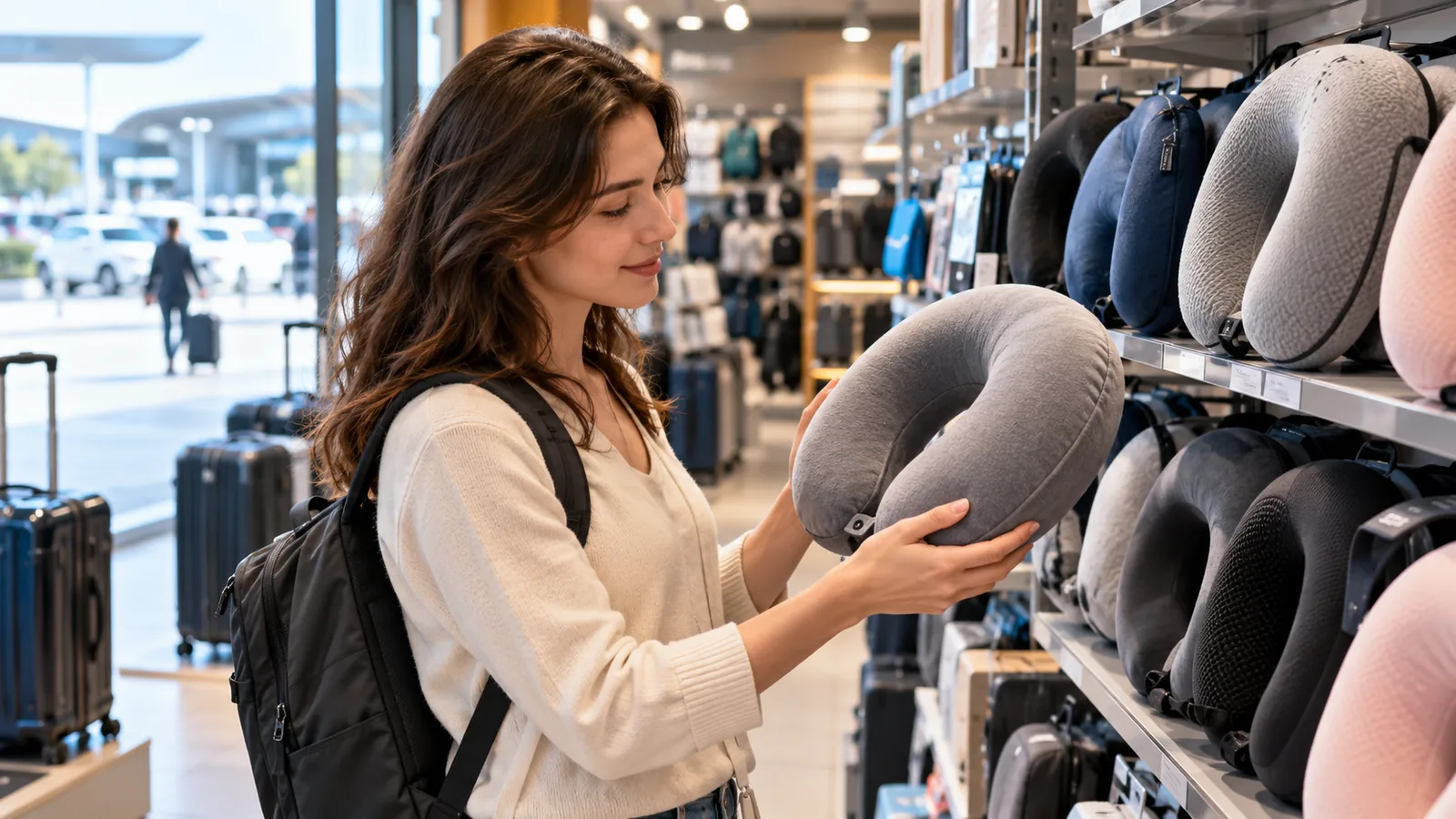 A shopper examines a neck pillow beside a store display of travel pillows.