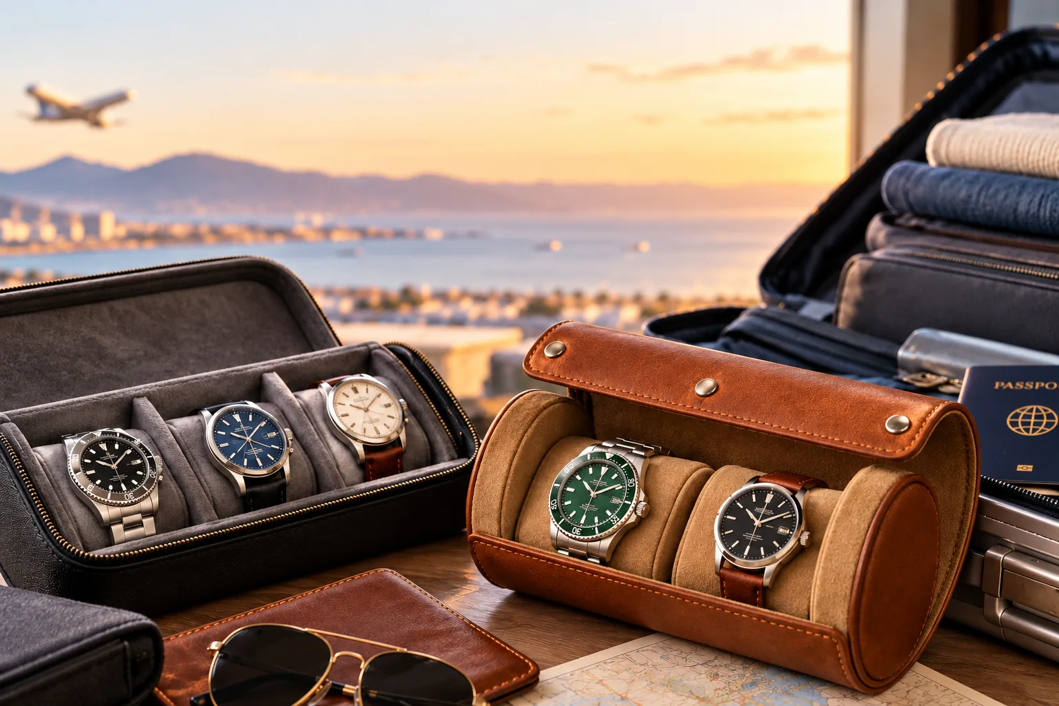 Open watch case and cushioned watch roll holding several wristwatches beside travel luggage.