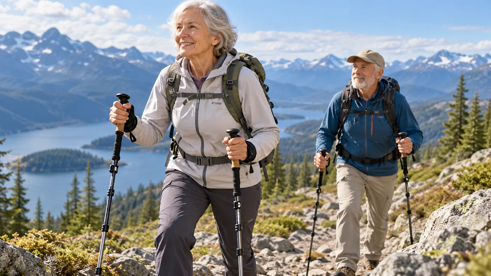 Two hikers using trekking poles on a mountain trail.
