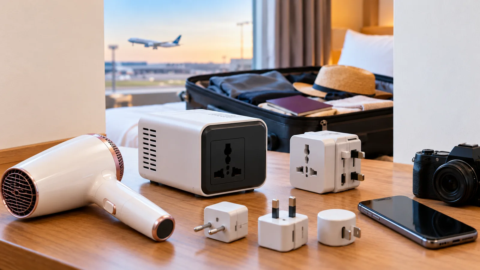 A box-shaped power device and travel plug adapters sit on a hotel desk beside a hair dryer and phone.