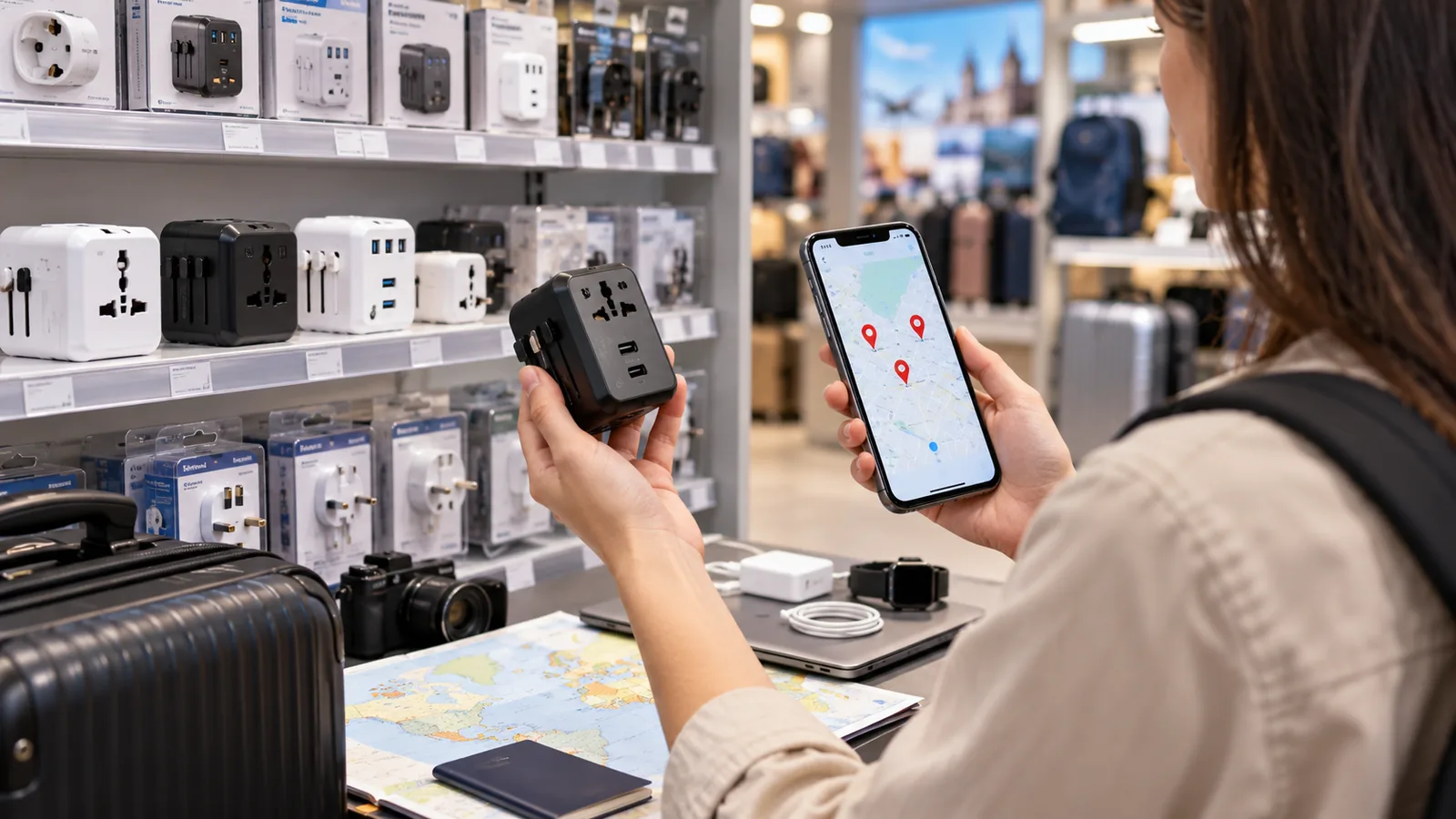 A traveler checks a map on a phone while comparing universal travel adapters in a shop.