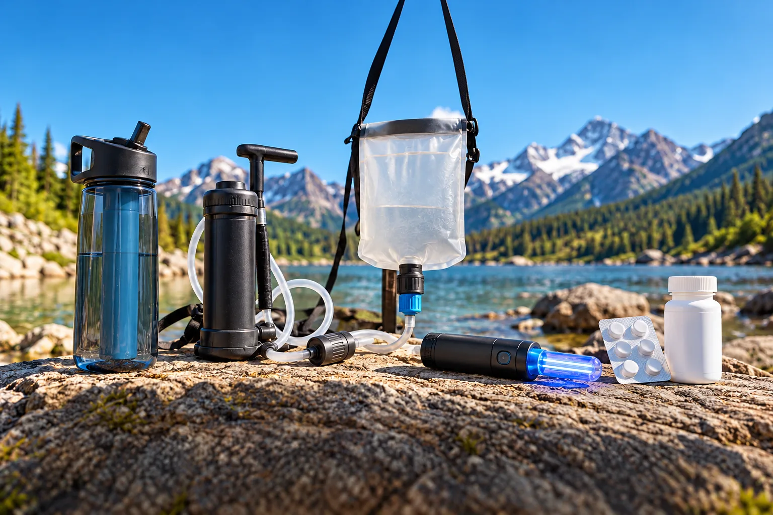 Portable water-treatment equipment—a filter bottle, hand pump, hanging gravity filter, UV device and treatment tablets—beside a mountain lake.