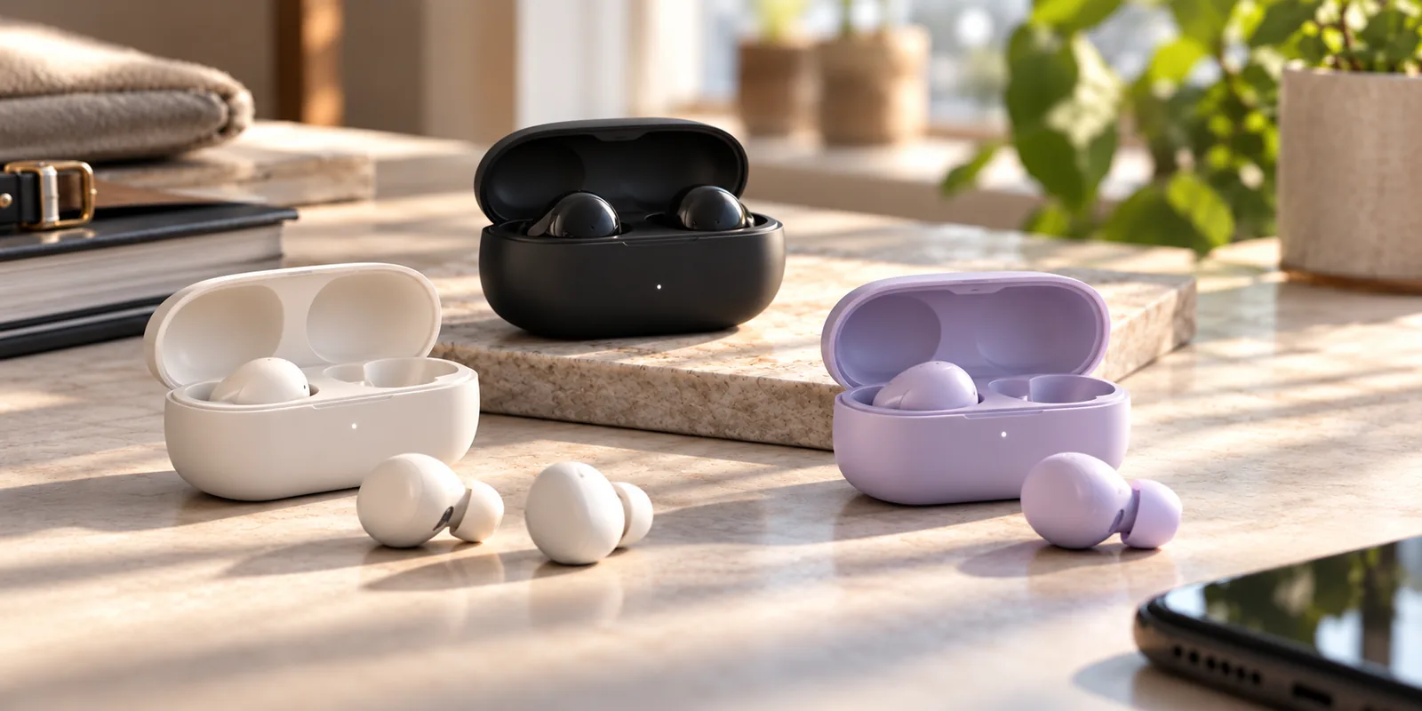 Three pairs of compact wireless earbuds and charging cases arranged on a stone table.