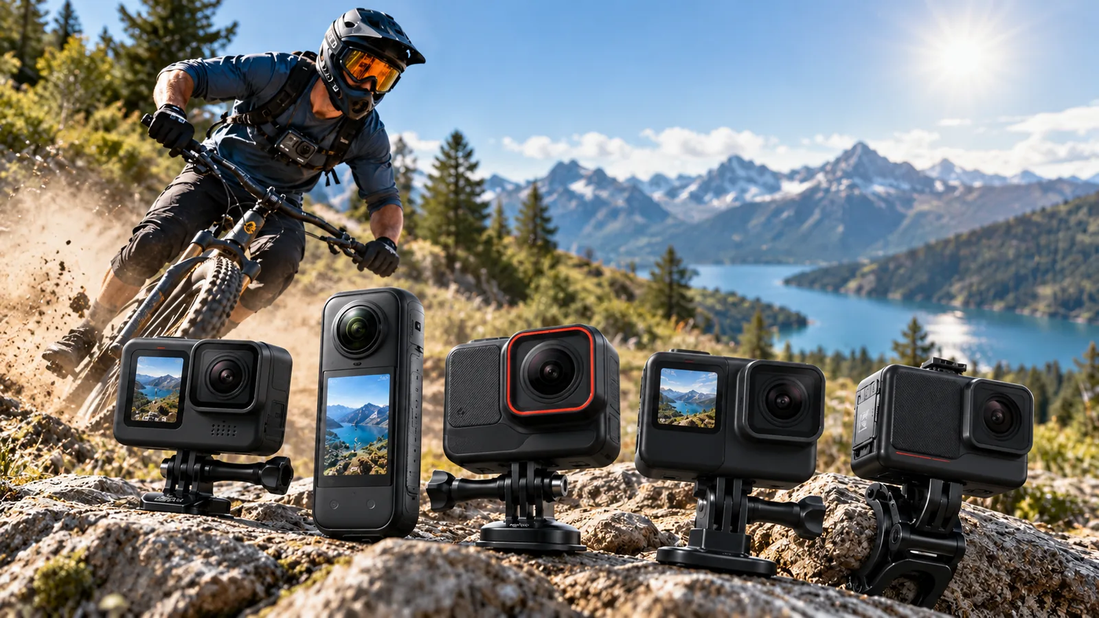 Several compact action cameras are arranged on rocks with a mountain biker in the background.
