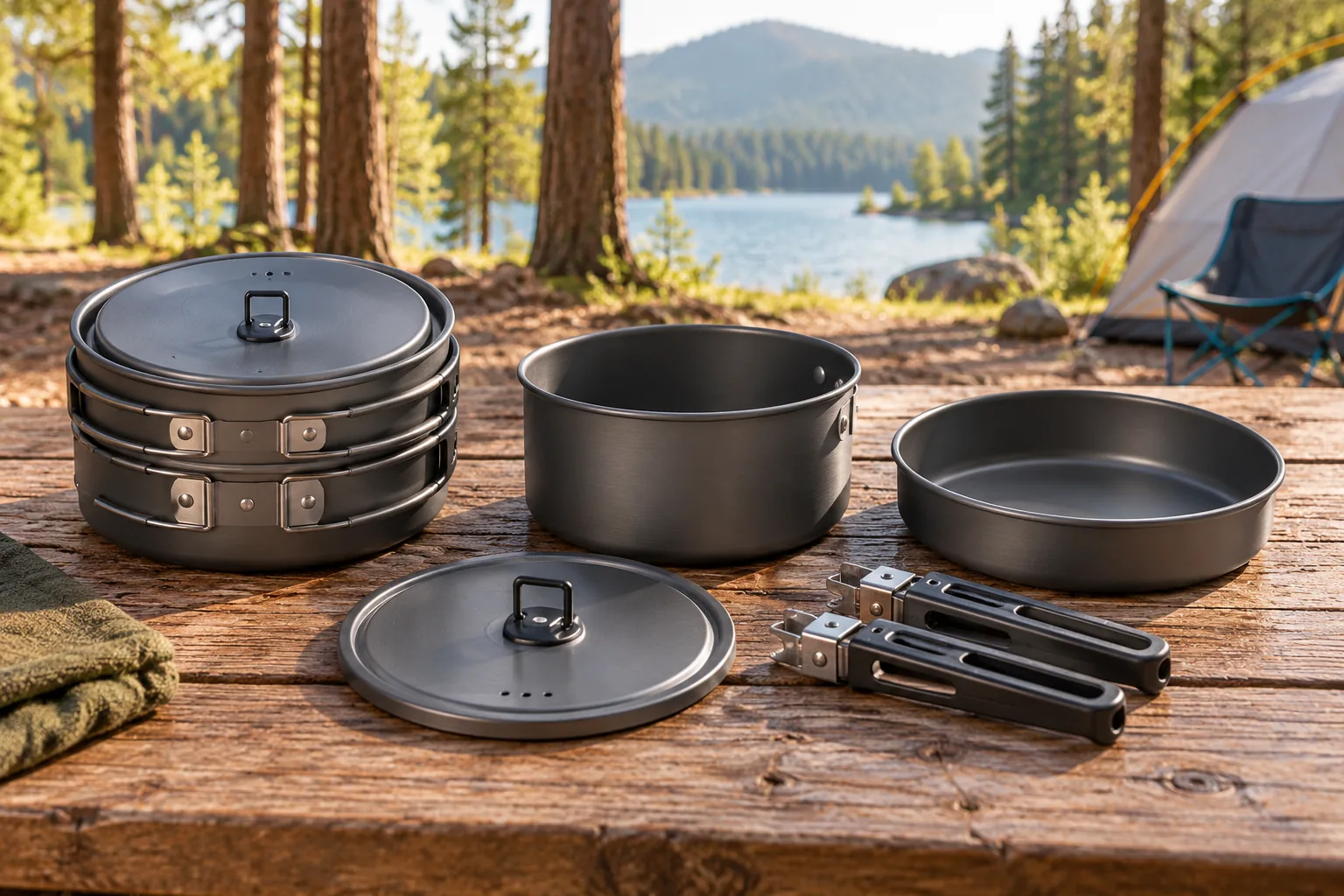 A compact nesting camping cookware set with pot, lid, pan and detachable handles arranged on a campsite table.