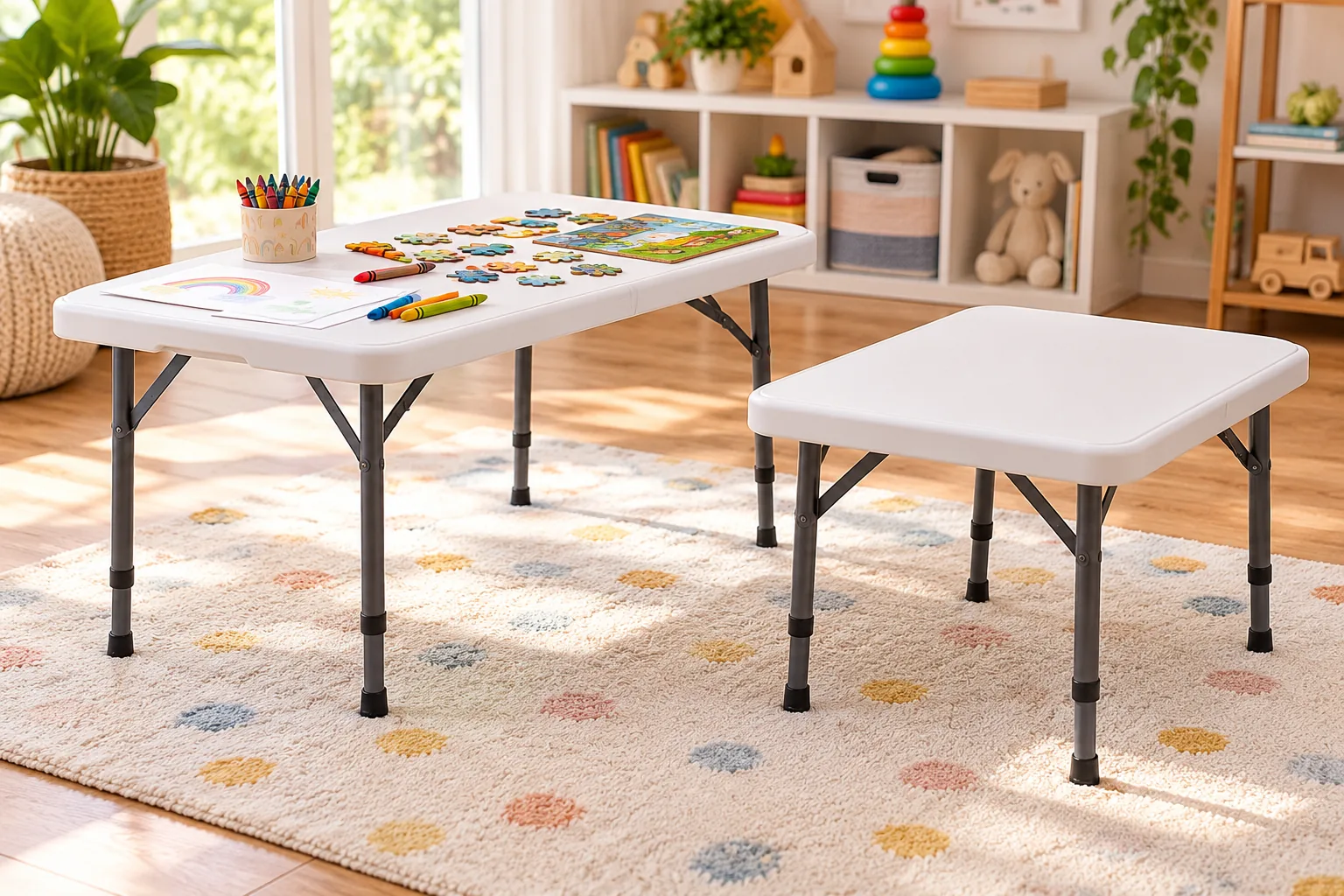 Two white folding tables of different sizes stand in a playroom, with crayons and puzzle pieces on one table.