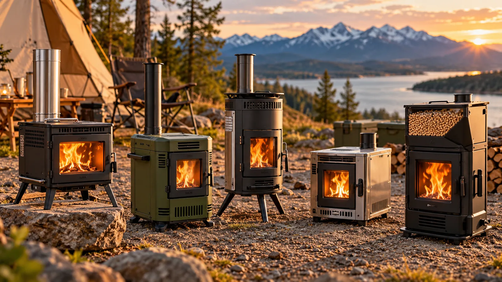 Several portable pellet stoves are arranged at a campsite, including a hopper visibly filled with pellets.