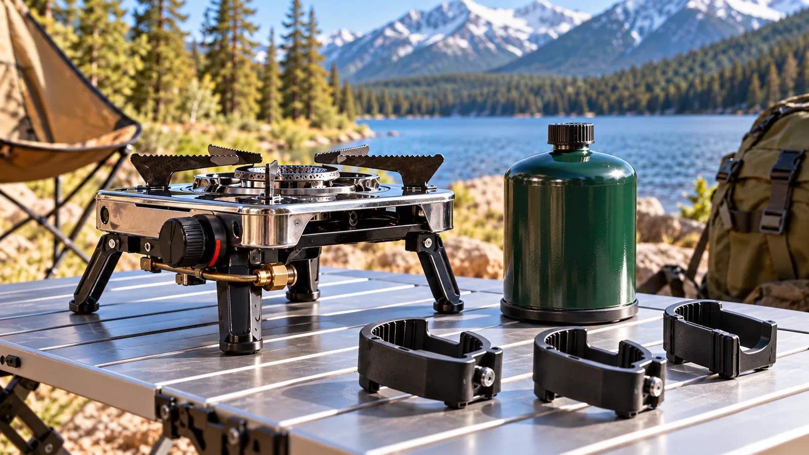 A camping stove, an upright unmarked propane canister, and several separate retaining clips on a campsite table.
