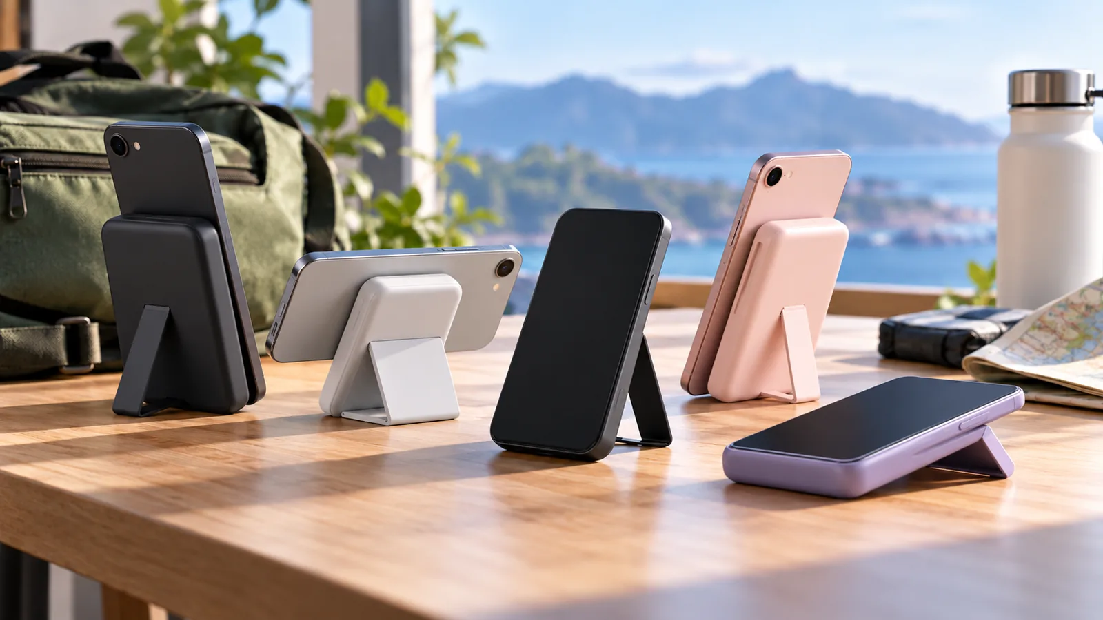 Generic portable power banks with phone stands and simple unbranded smartphones arranged on a travel table.