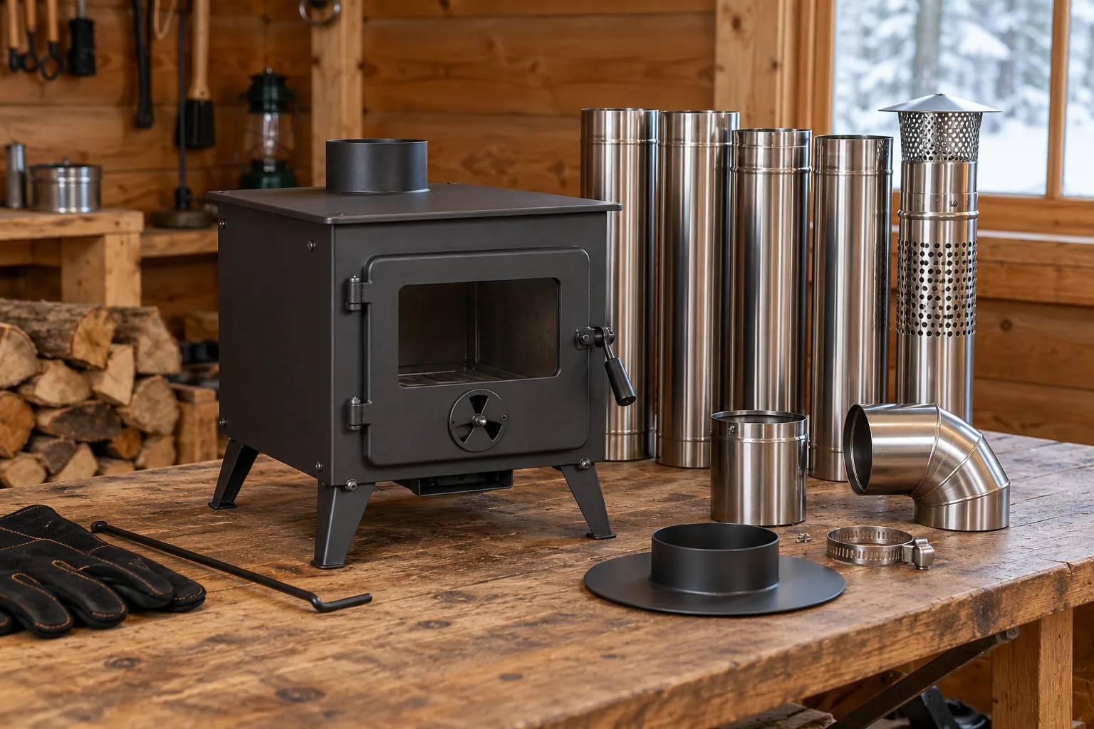 A generic compact wood stove body and separate chimney sections arranged on a workshop bench.