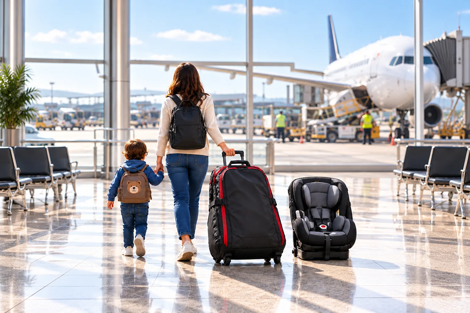 A parent and child walk through an airport beside a padded child car-seat travel bag and a separate car seat.