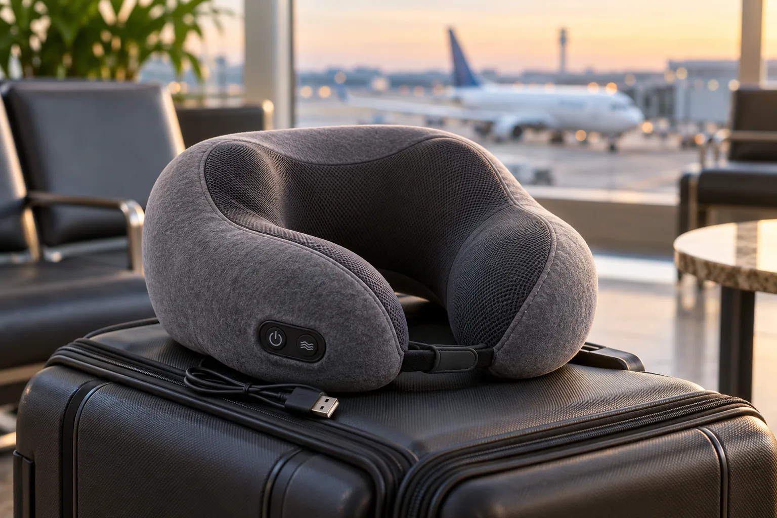A gray U-shaped travel neck pillow with simple controls and a USB cable rests on a carry-on bag.