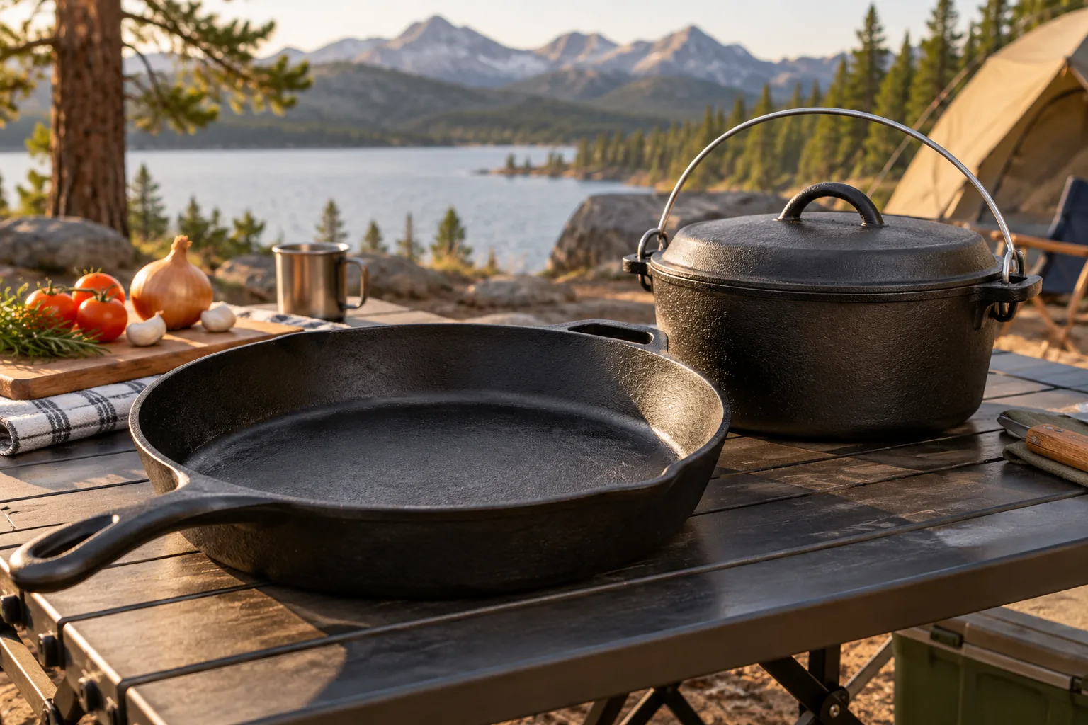 A cast-iron skillet and lidded Dutch oven sit on a campsite table.