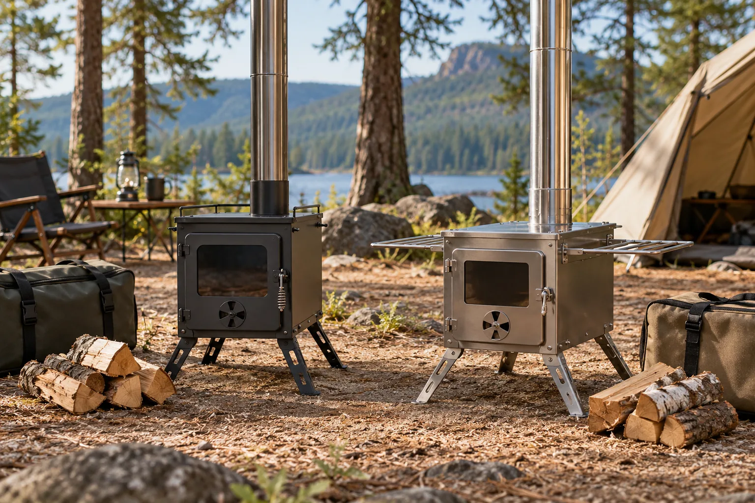 Two portable log-burning stoves with vertical stovepipes at a wooded campsite.