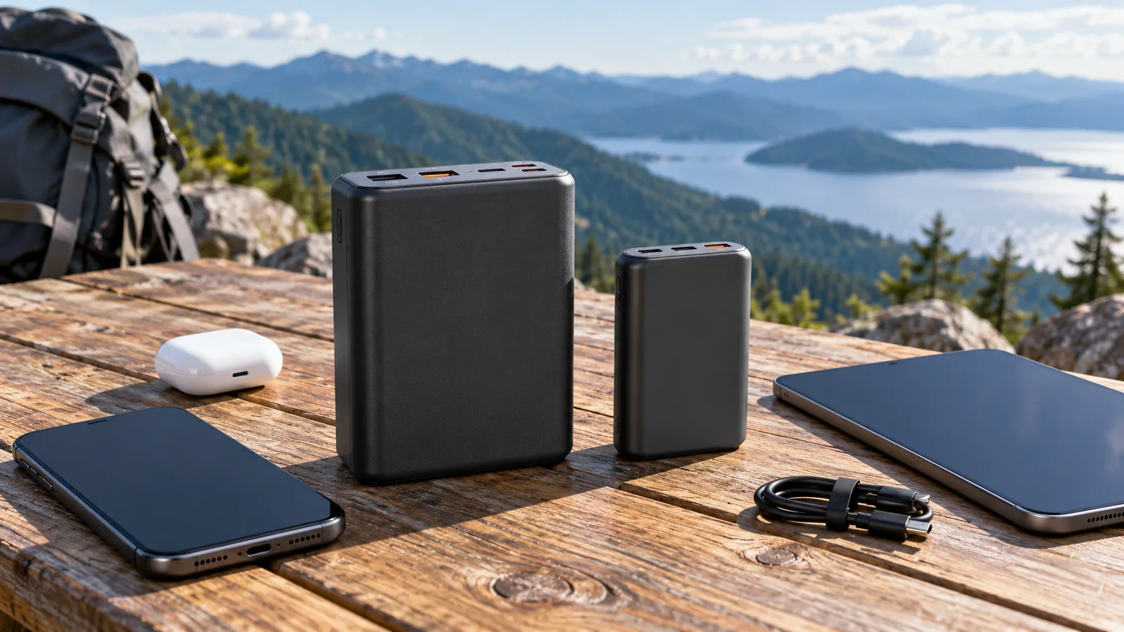 A large portable power bank and a smaller one sit beside a phone, tablet and earbuds case on an outdoor table.