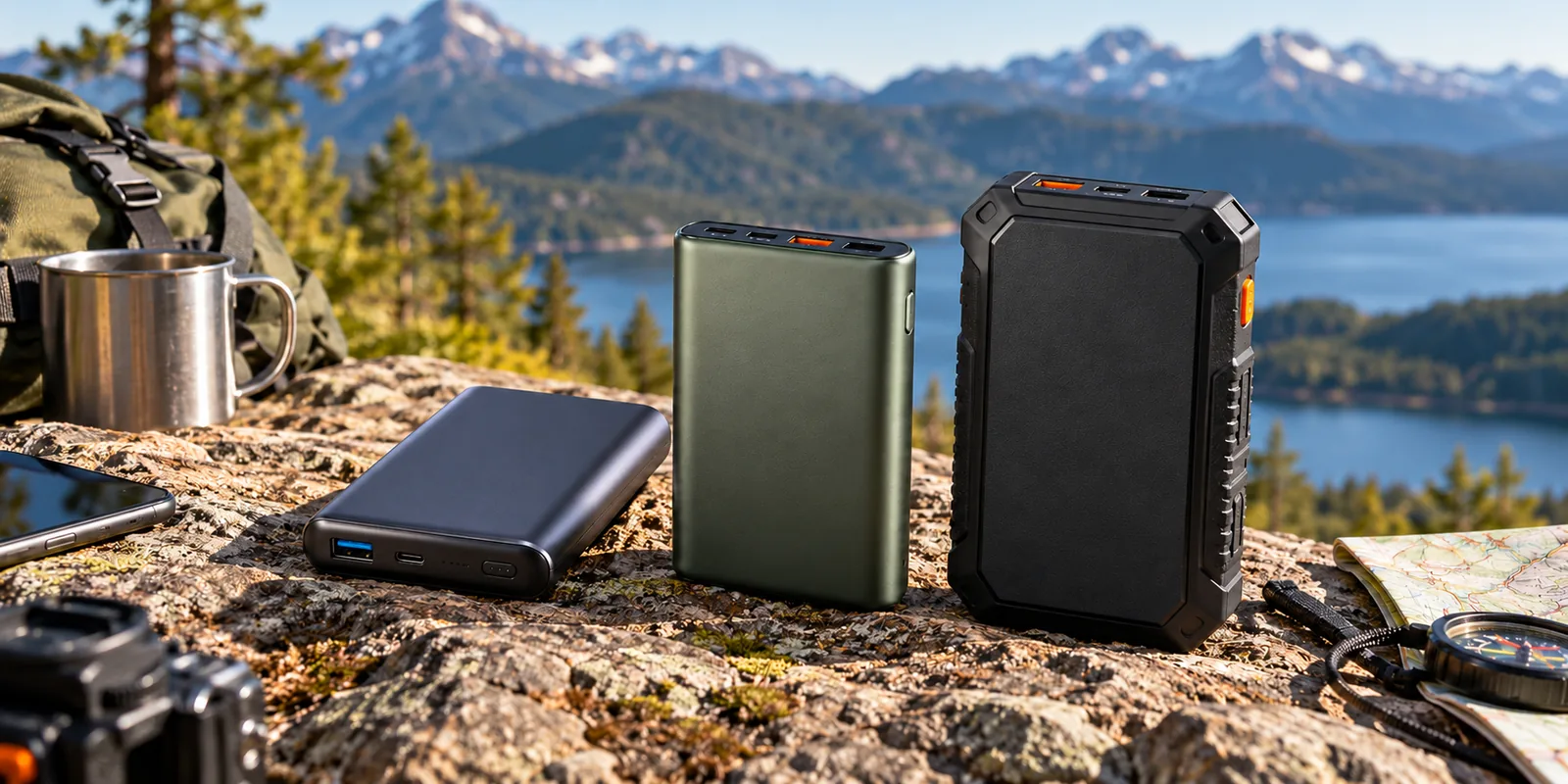 Portable power banks arranged at an outdoor campsite.