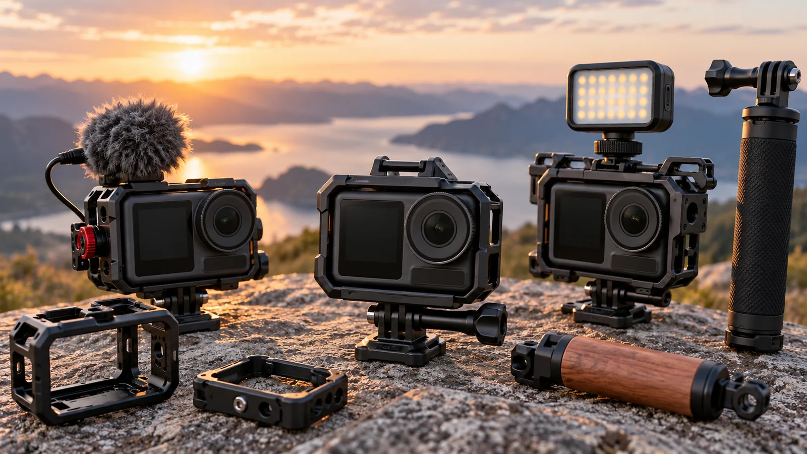 Several compact action cameras in metal cages are shown with a microphone, light and grip accessories.