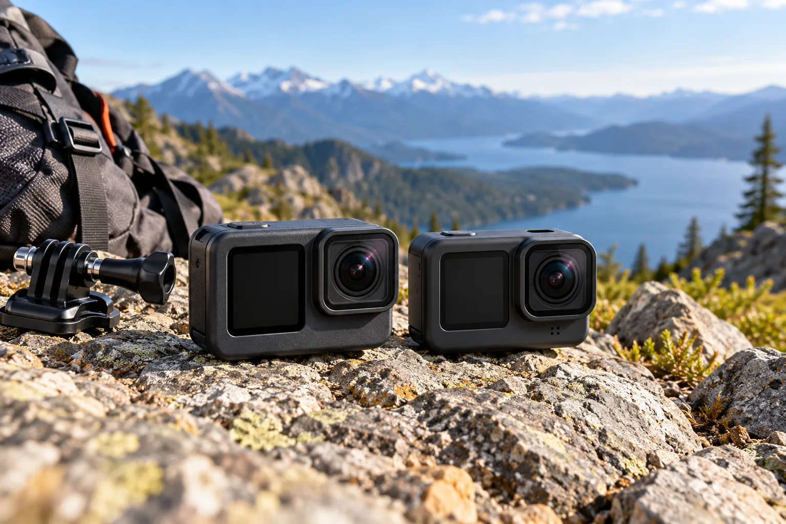 Two compact unbranded action cameras with a small mounting bracket on a rocky trail.