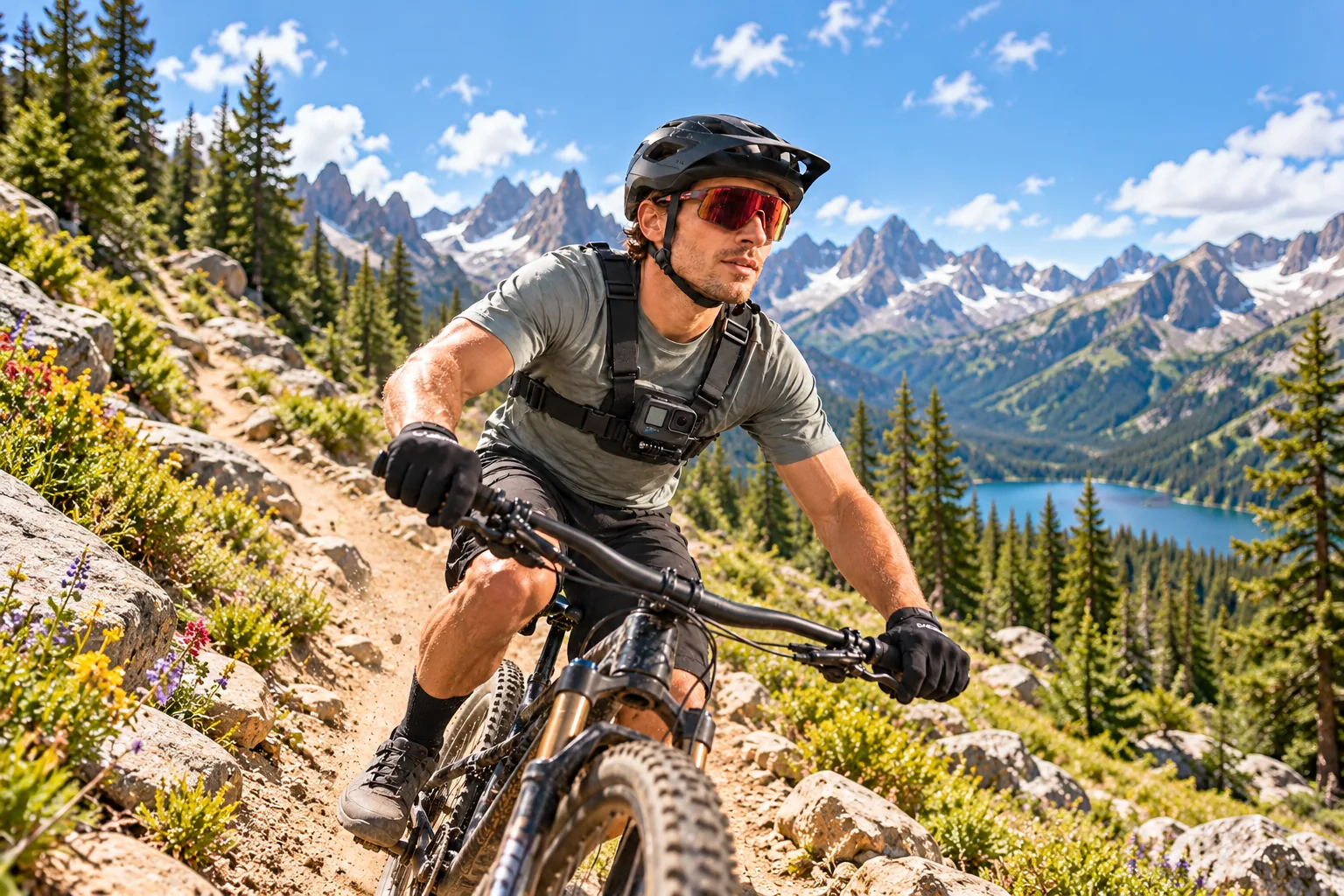 A mountain biker wears a chest harness with an action camera while riding a rocky alpine trail.
