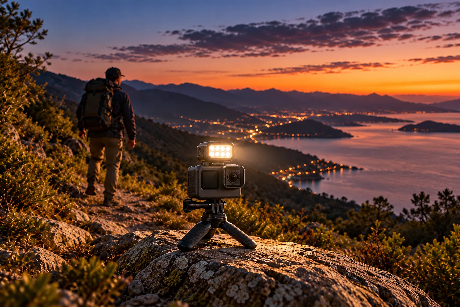 An action camera with an attached light sits on a tripod on a rocky trail at dusk, with a hiker in the background.