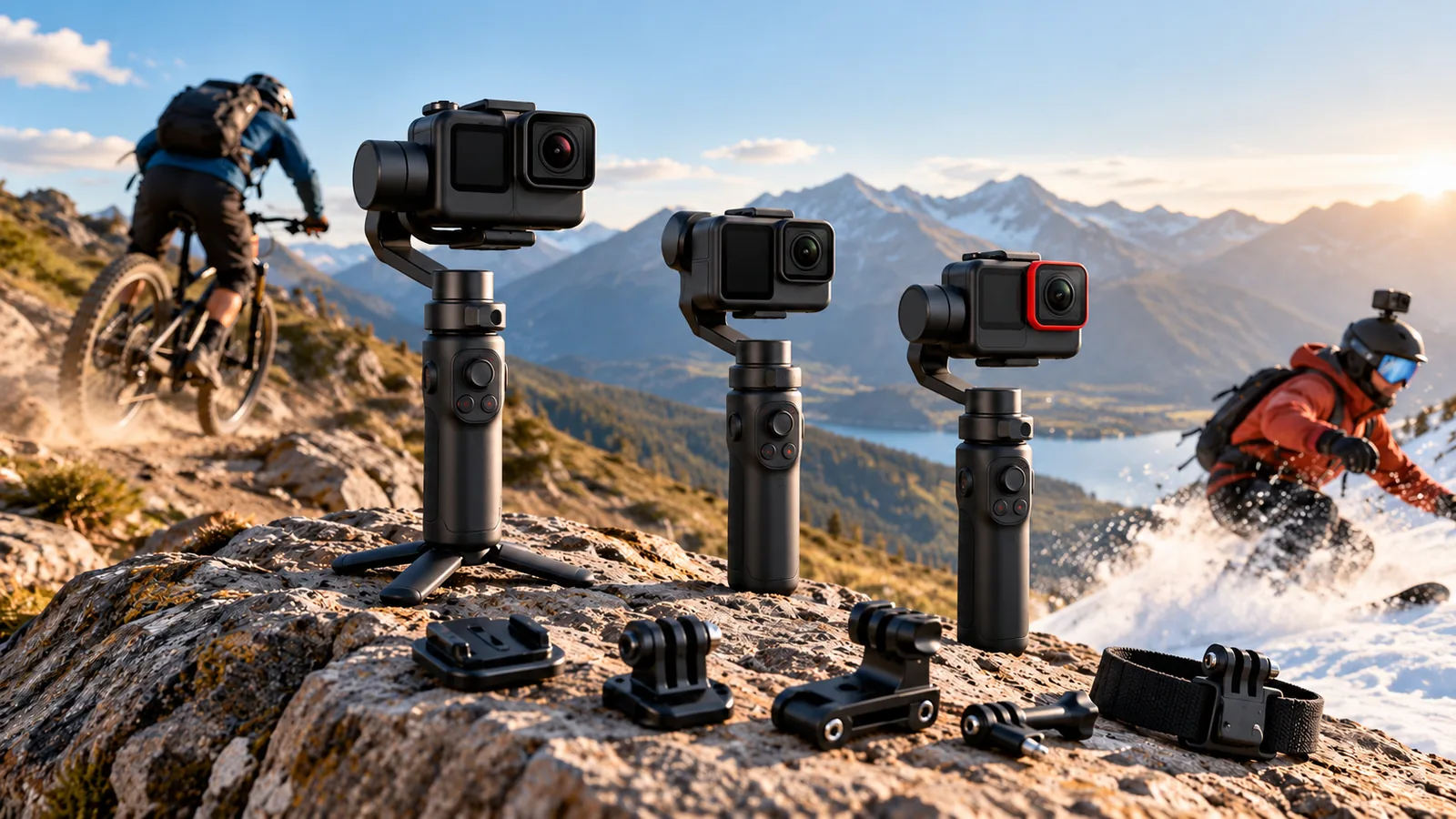 Three compact action cameras mounted on handheld gimbals stand on rocky ground with cyclists in the distance.