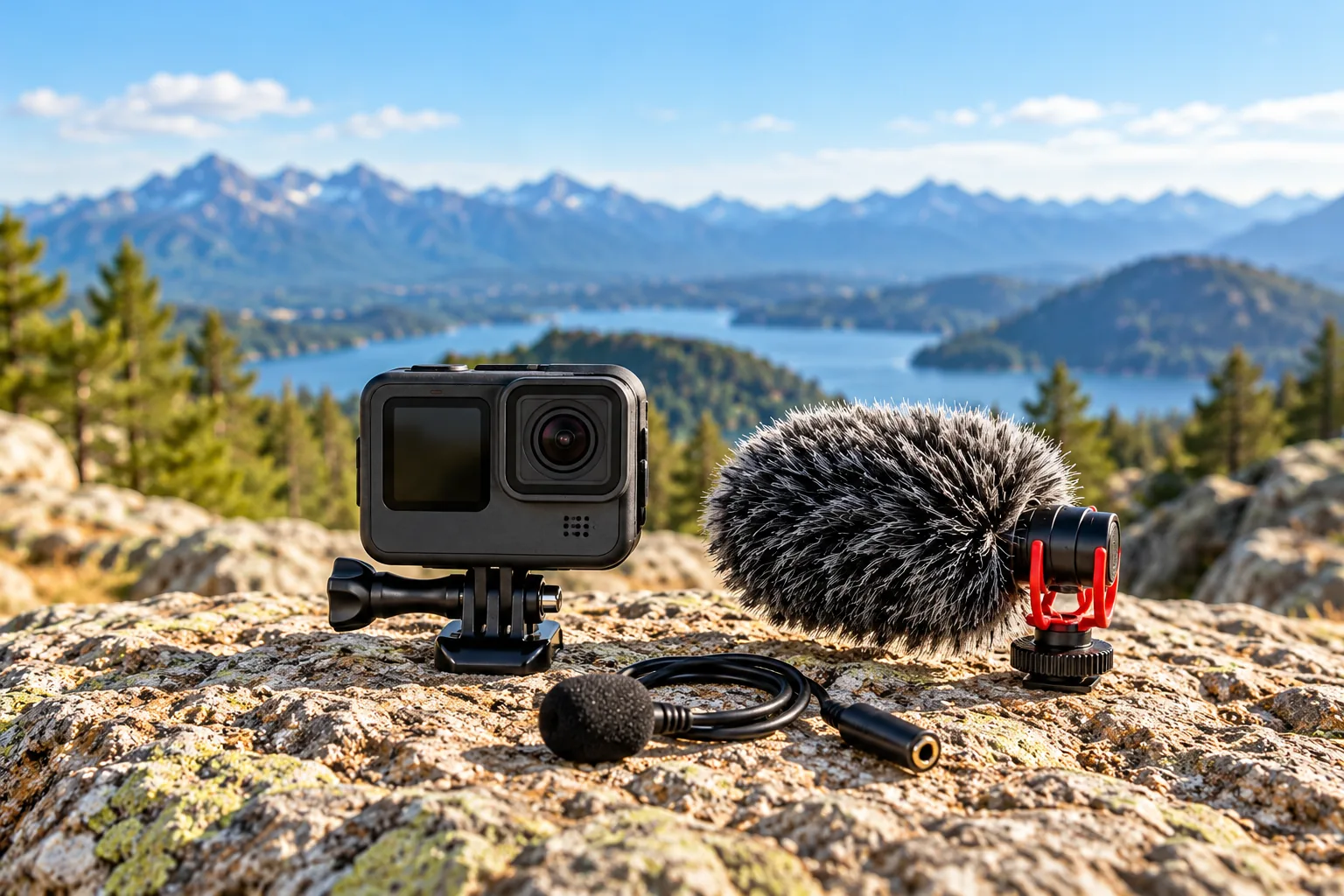 An action camera, a separate shotgun microphone with furry windscreen and an audio cable lie on a rocky trail.