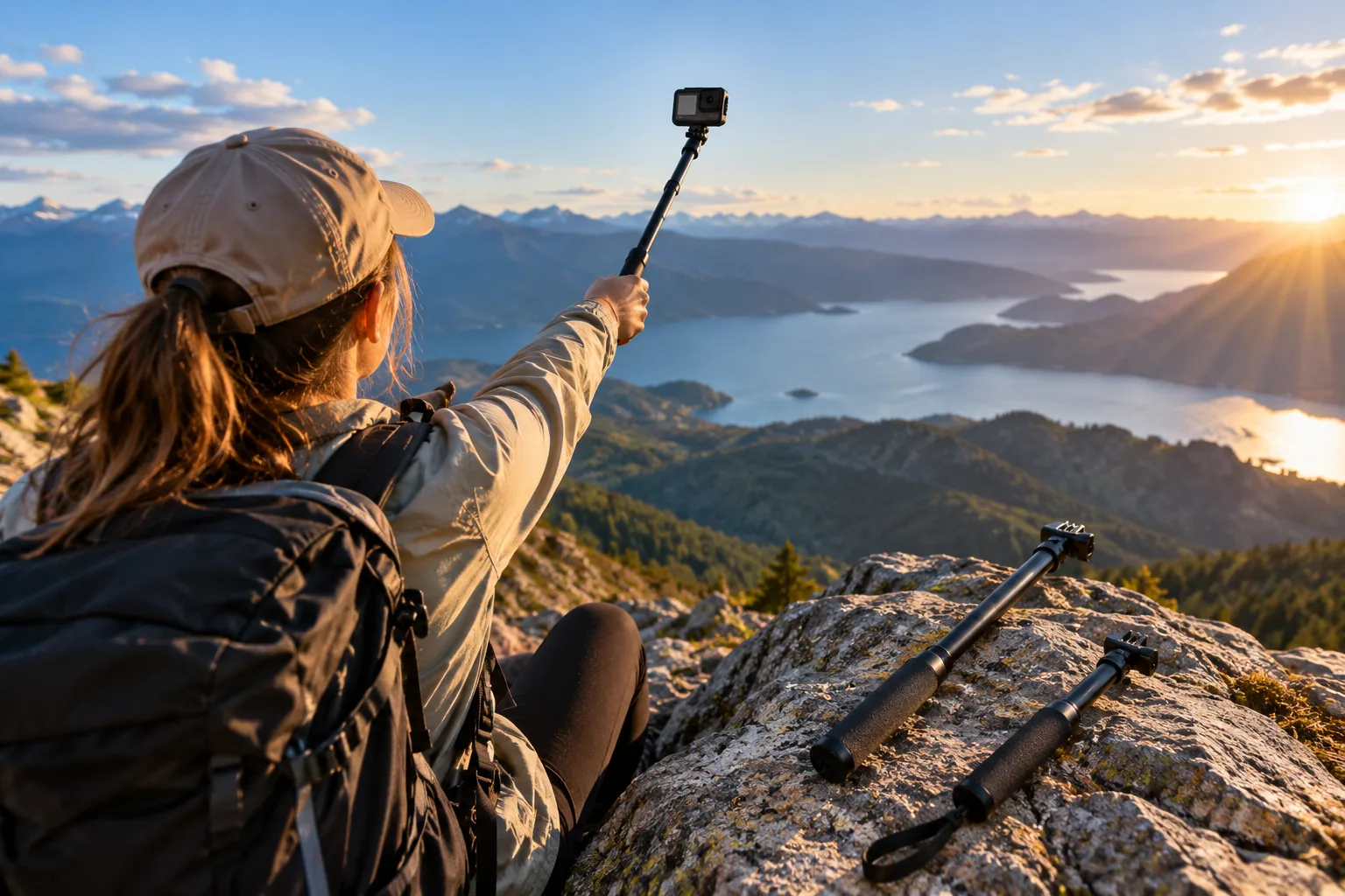 A hiker holds an action camera on a selfie stick above a mountain lake.
