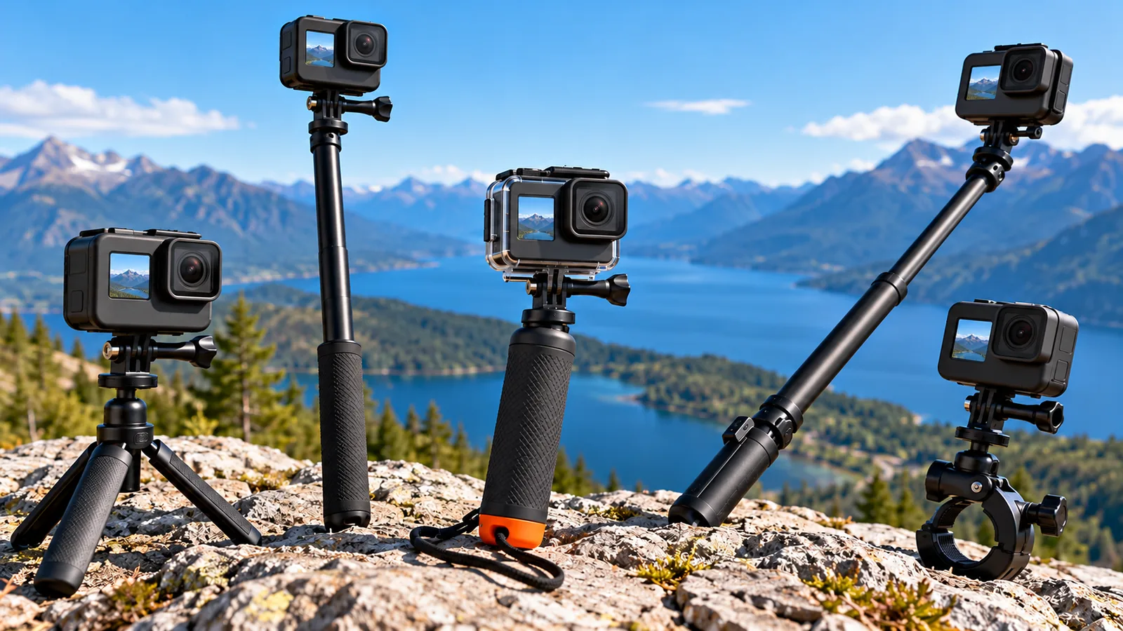 Several unbranded action cameras on poles, grips, and a tripod on a mountain overlook.